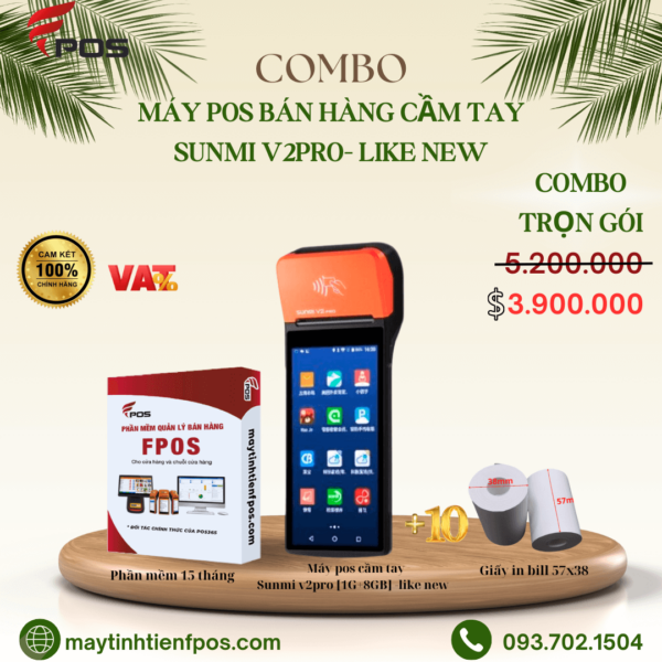 Trọn bộ máy Pos bán hàng cầm tay Sunmi V2pro like new – dành cho Nhà hàng,  quán Cafe,… (Sao chép)