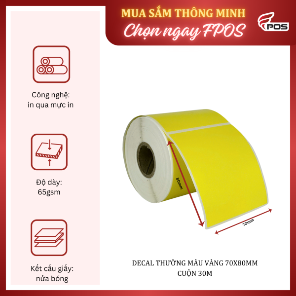 Decal Thường MÀU Vàng 70x80MM CUỘN 30m