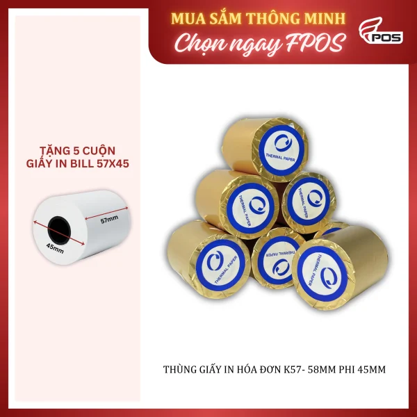 [Thùng 100 cuộn] Giấy in Nhiệt 57x45 -  Giấy In Hóa Đơn Bán Hàng K57mm Phi 45mm