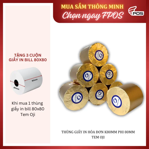 [Thùng 50 cuộn] Giấy in nhiệt 80x80 tem Oji, giấy in hóa đơn Khổ K80 phi 80mm