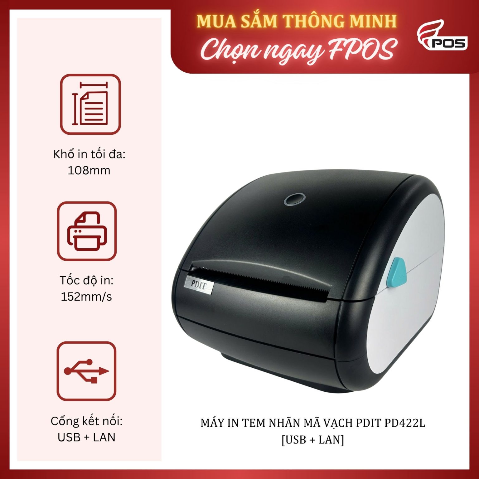 Máy In Tem Nhãn Mã Vạch PDIT PD422L [USB+LAN] FPOS
